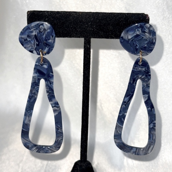 Abstract Blue Geometric Dangle Earrings Marbled Swirl Navy Abstract Dangle 3” - Picture 11 of 11